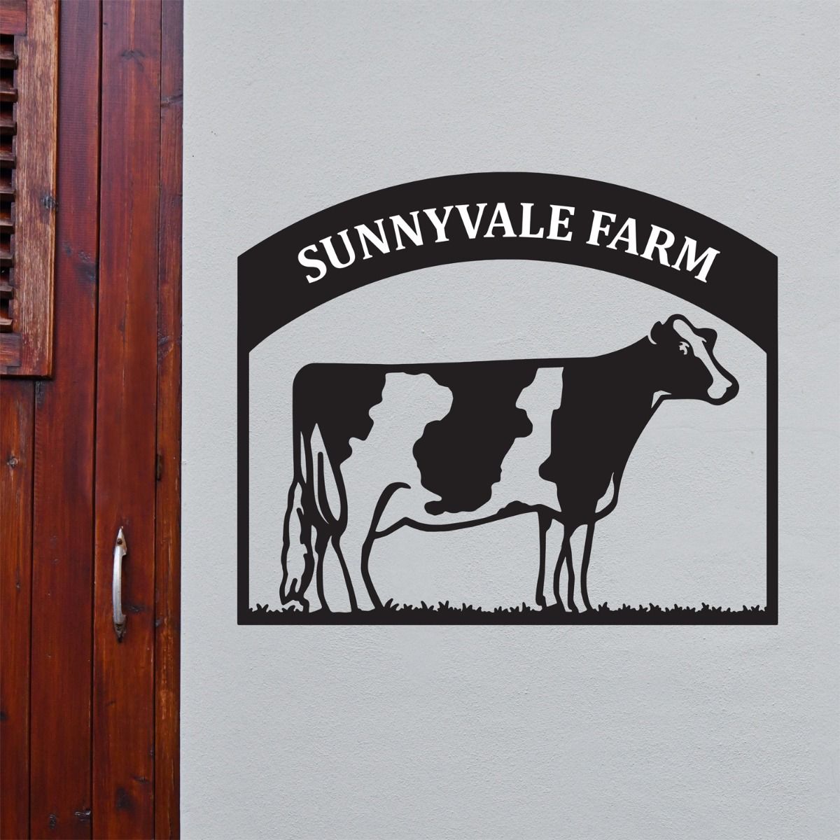 Steel Dairy Cow House Name Sign On Grey Background  Steel Dairy Cow House Name Sign On Grey Background