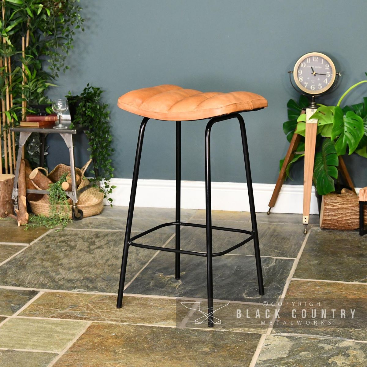 Gun Metal & Natural Brown Buffalo Leather Bar Stool in Situ in the Living Room
