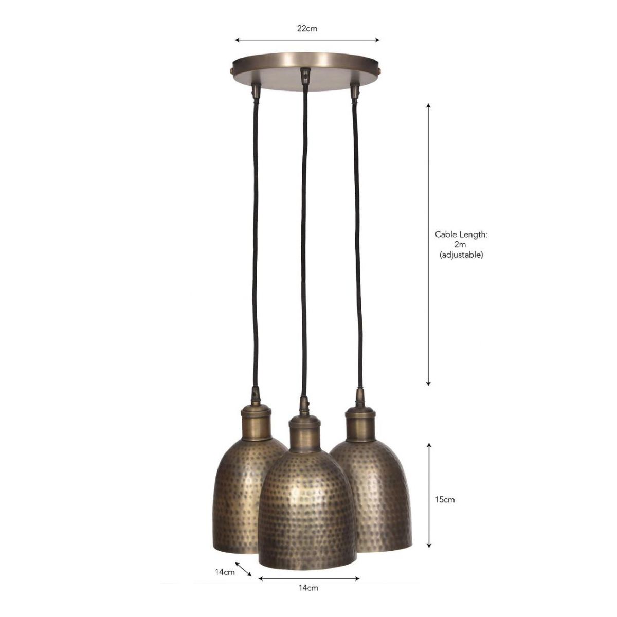 Dimensions of the Hammered Brass Trio Hanging Lights