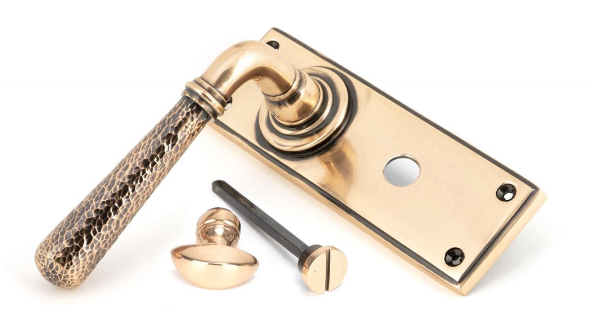 Hammered Polished Copper Lever Bathroom Door Handle & Thumbturn