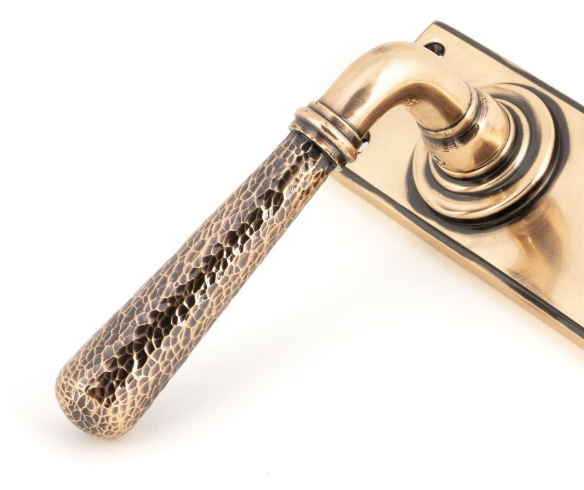 Hammered Polished Copper Lever Bathroom Door Handle Close-Up