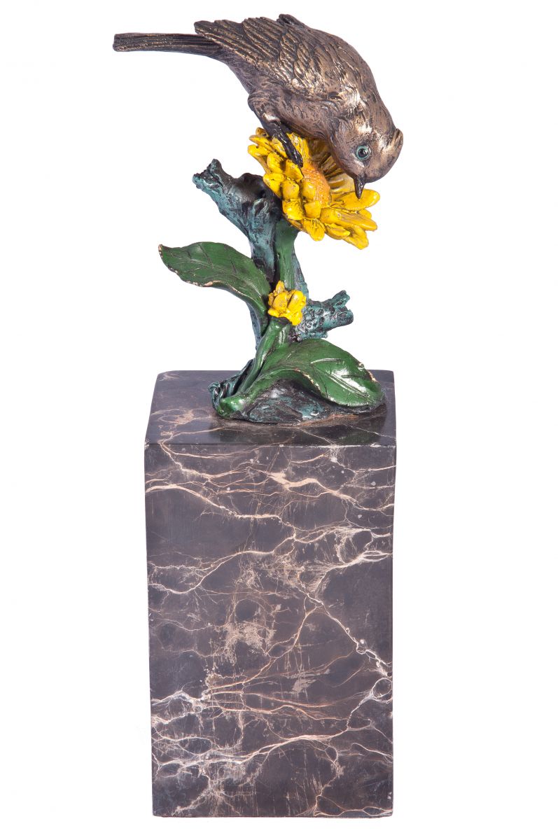 Hand Painted Bird on Flower Statue mounted on Granite Plinth