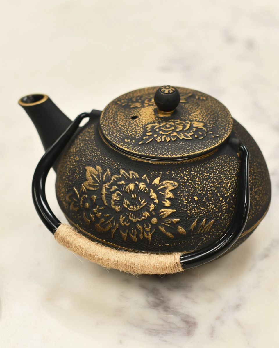 Black and Gold Teapot Handle Down  Black and Gold Teapot Handle Down