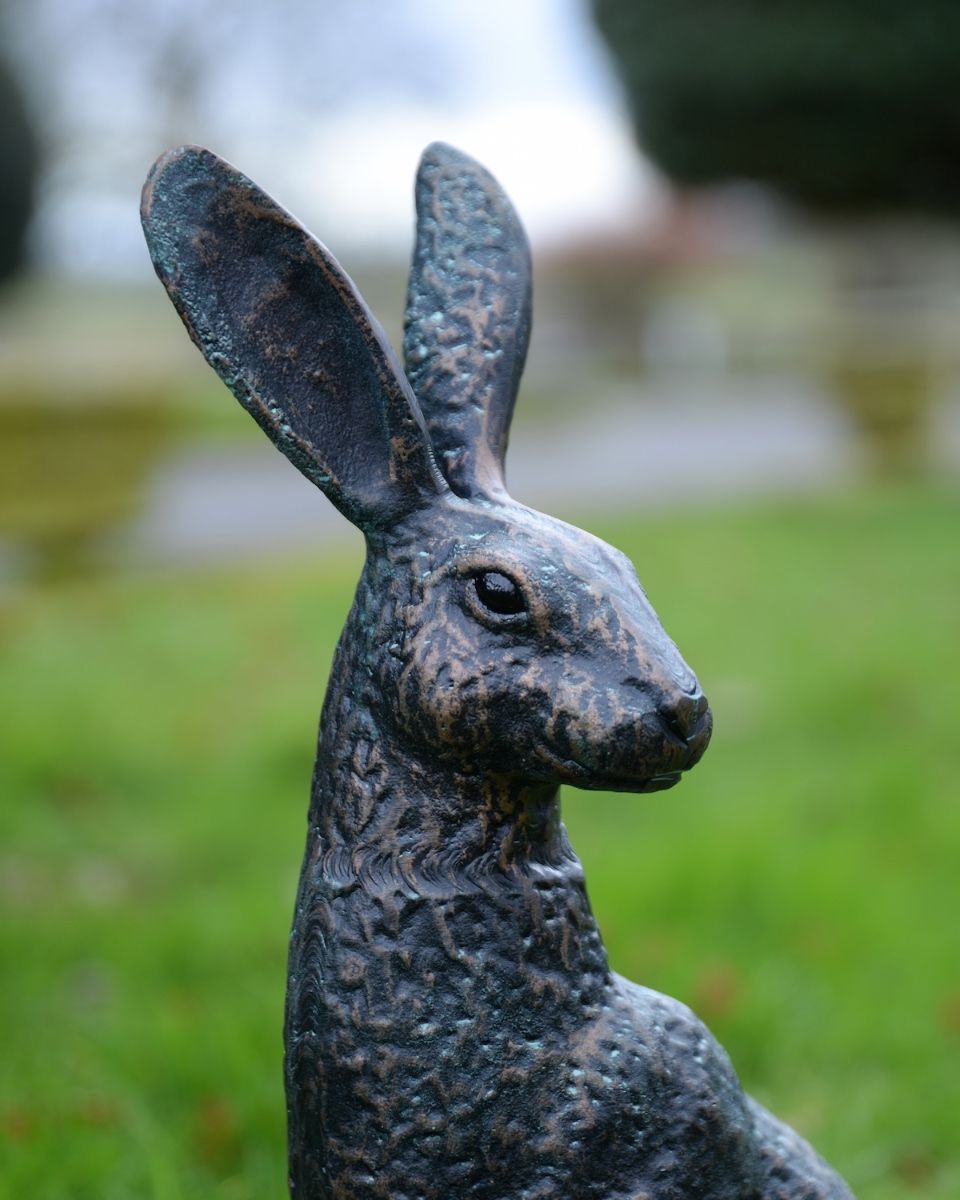 ‘Hark’ Cast Aluminium Hare Garden Sculpture - Verdigris close up of head