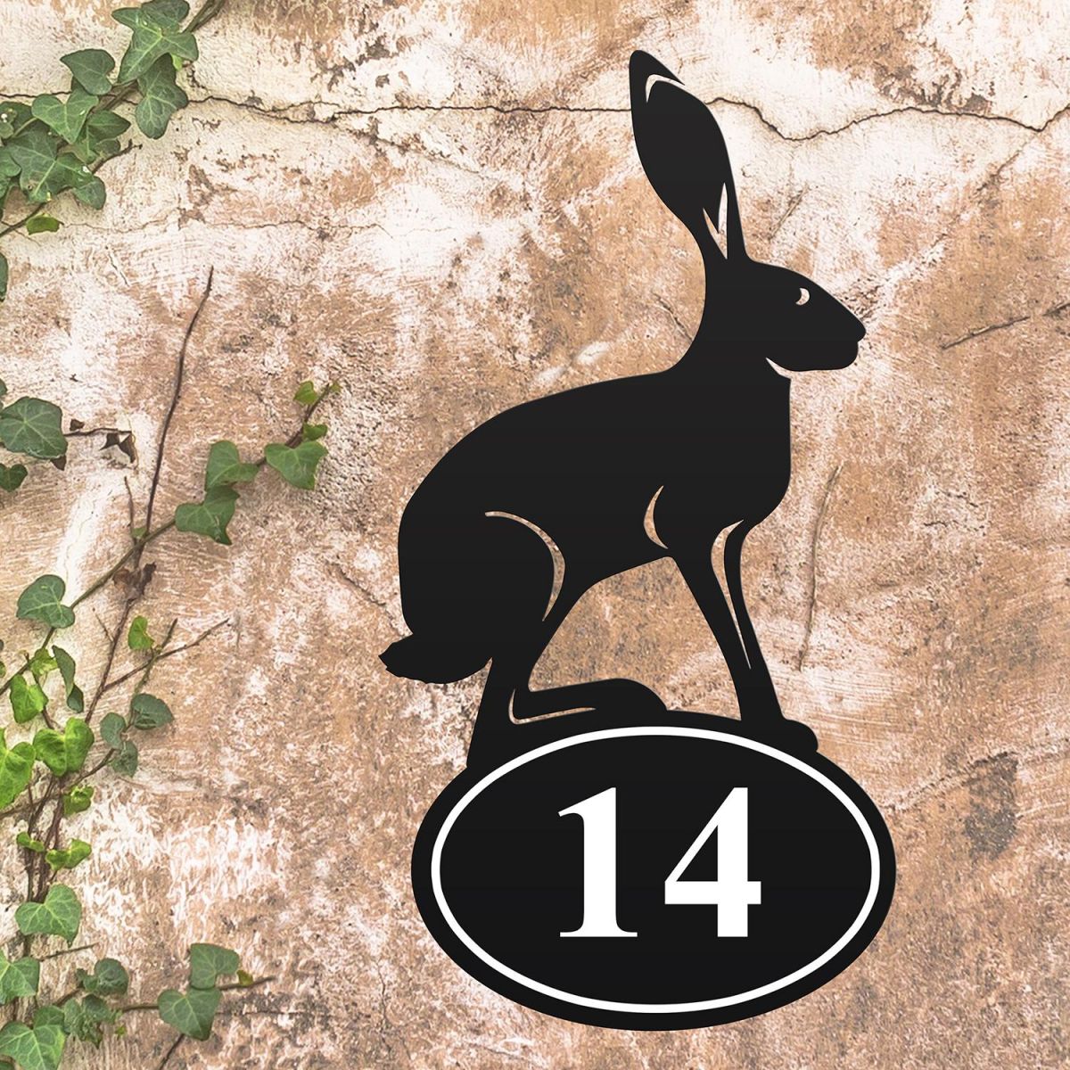 Hare Iron House Number Sign in Situ on a Rustic Wall 
