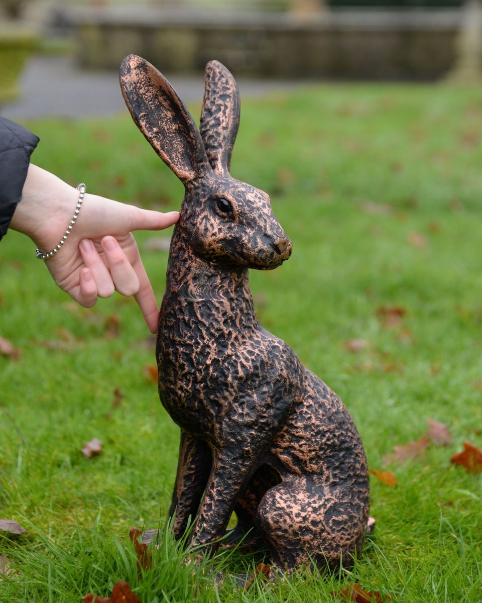 ‘Hark’ Cast Aluminium Hare Garden Sculpture in Bronze and Copper to scale with hand for reference