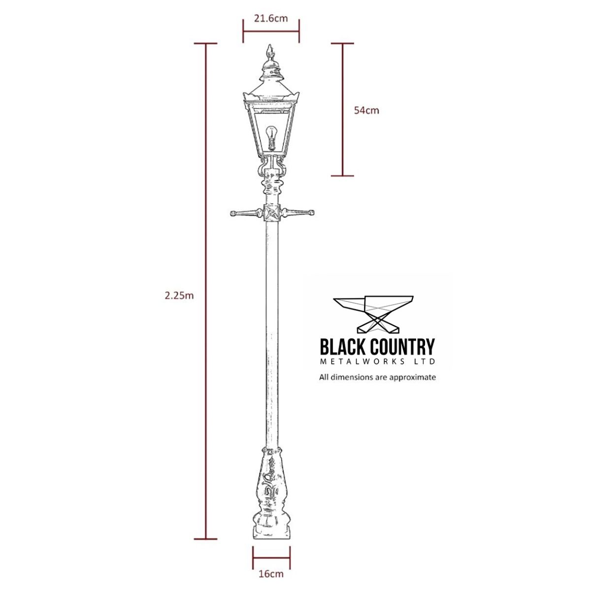 Dimension of the 2.25m Harrogate Bright Chrome Lamp Post