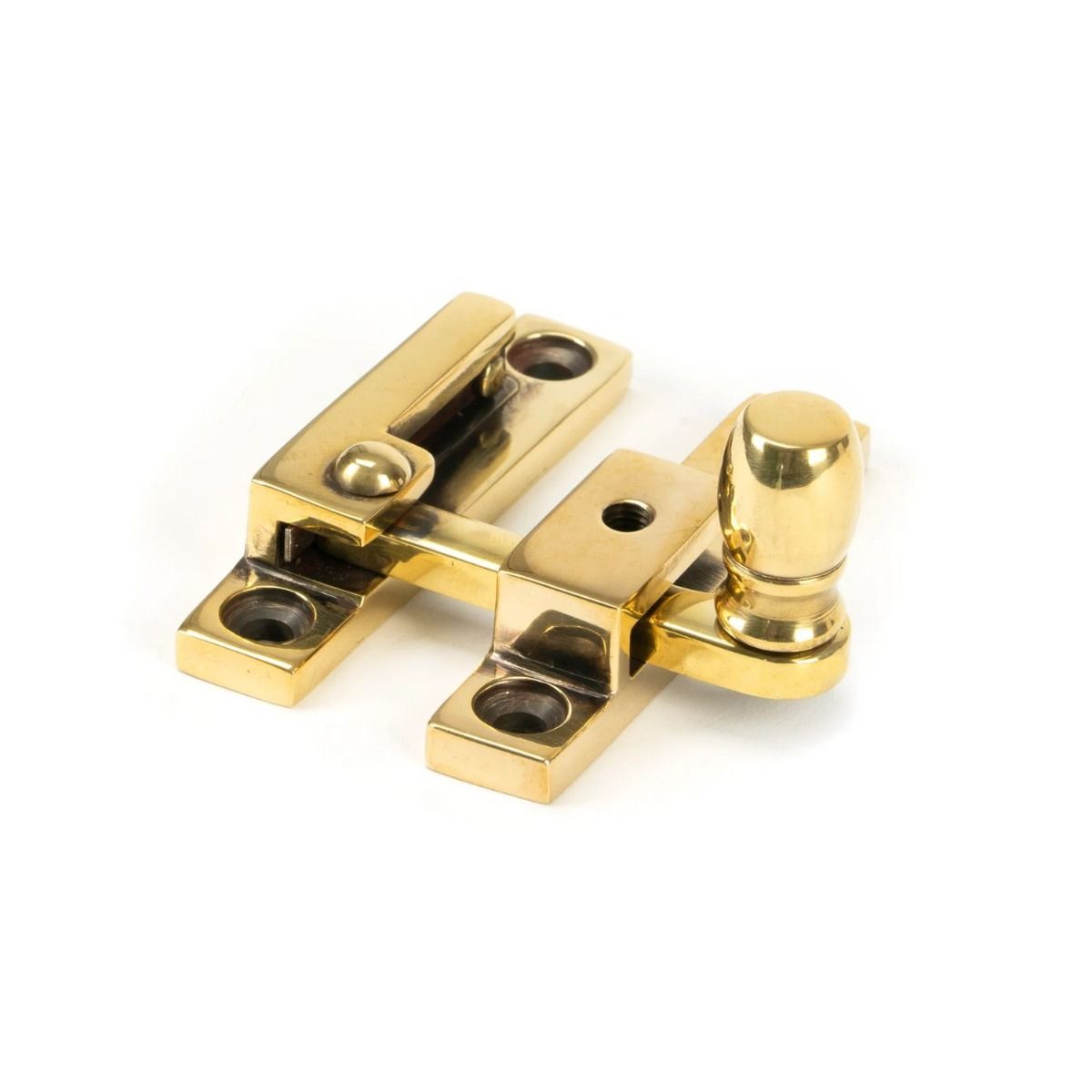 The The Rounded Narrow Quadrant Sash Fastener - Aged Brass on a White Background 