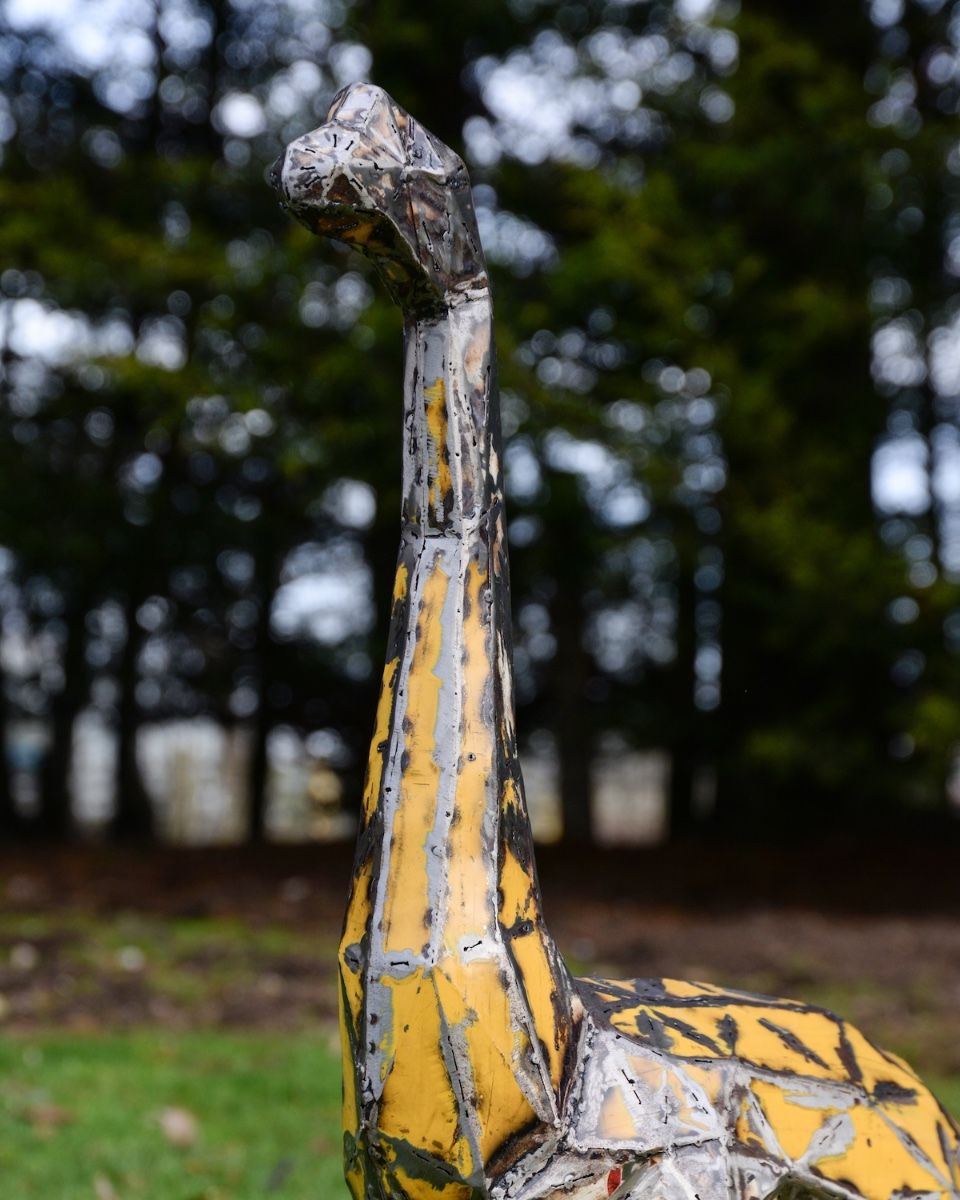 ‘Horizon’ the Small Diplodocus Upcycled Oil Drum Garden Sculpture close up of head