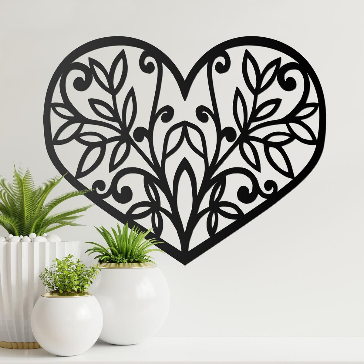 Flower Foliage Heart Wall Art on Cream Wall Beside Plants
