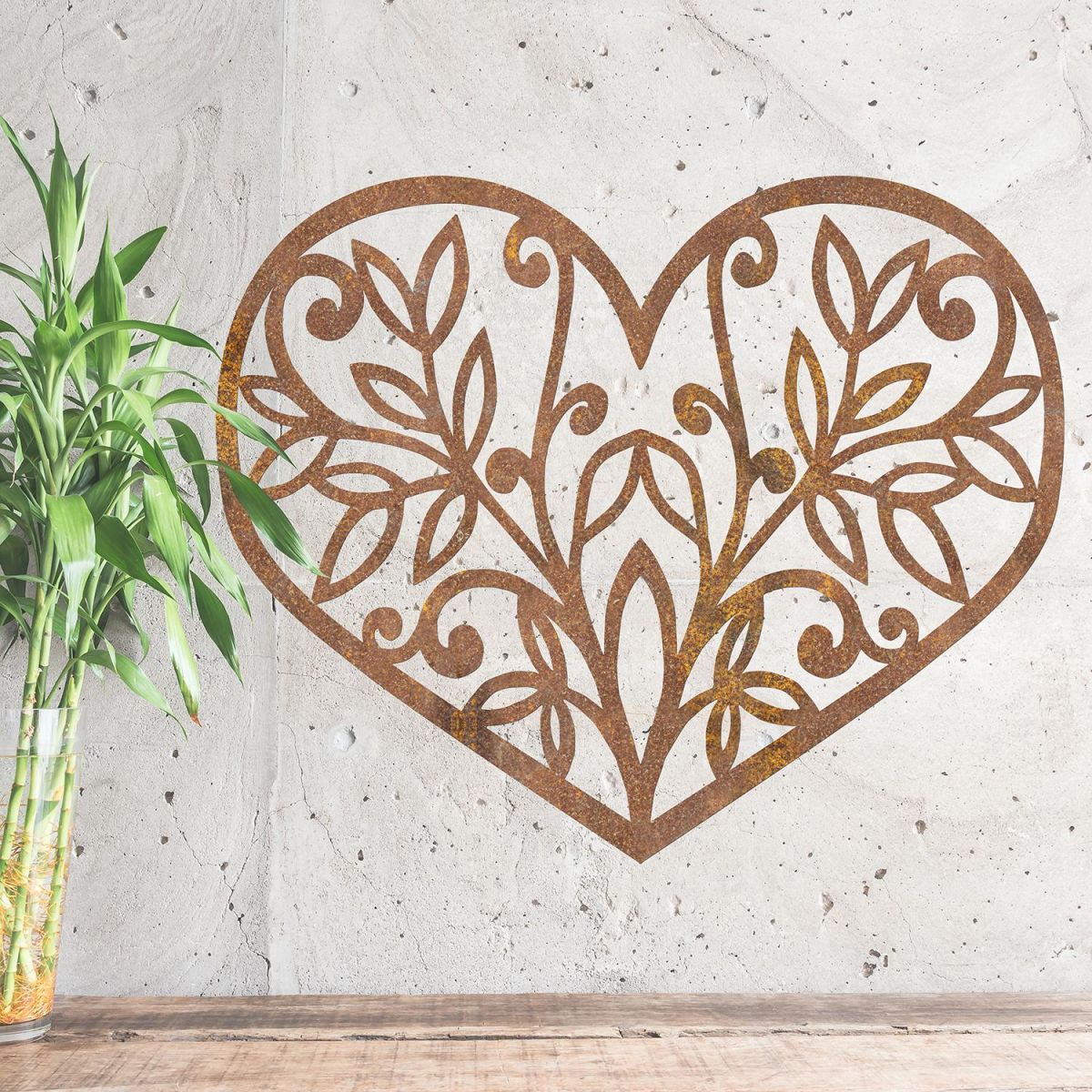 Flower Foliage Heart Wall Art on a Rustic Wall