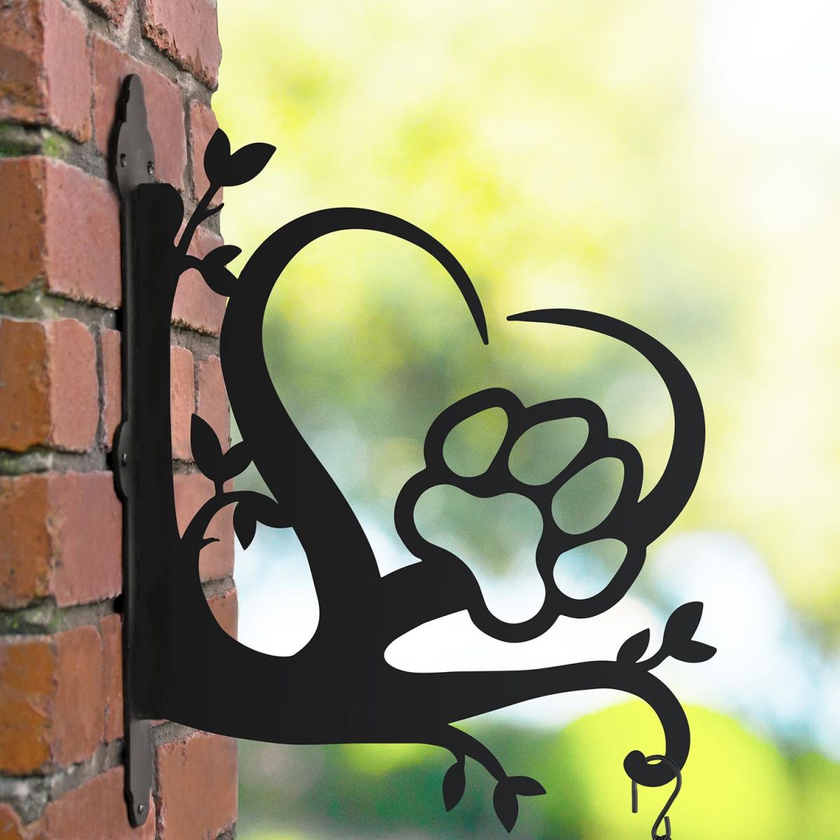 Steel Hanging Basket Bracket with Heart & Paw Print Motif
