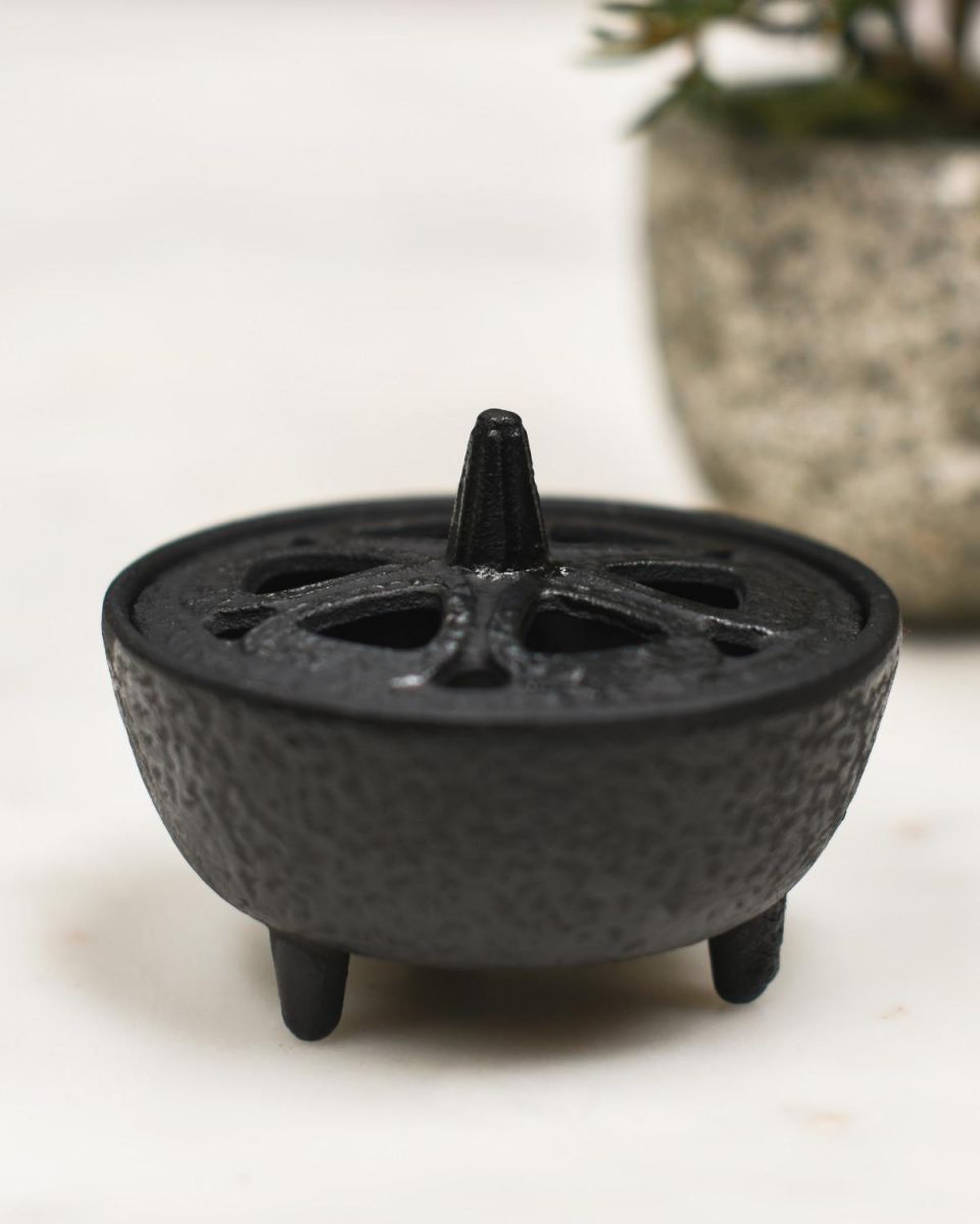 Close-Up of Heavy Duty Cast Iron Incense Burner in Black