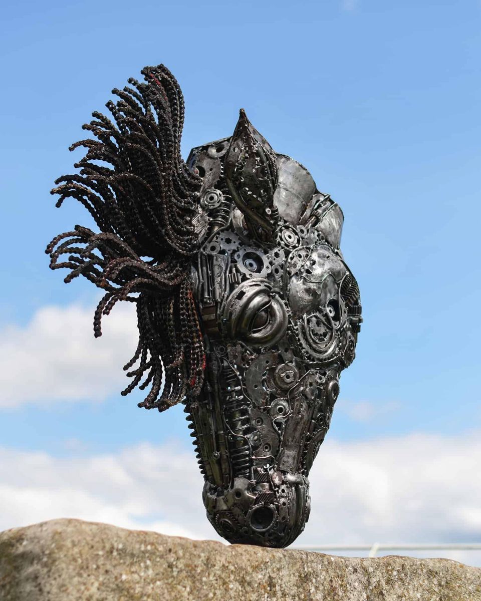 Low Angle Shot of Heavy Duty Recycled Chain Metal Horse Head Ornament Sculpture