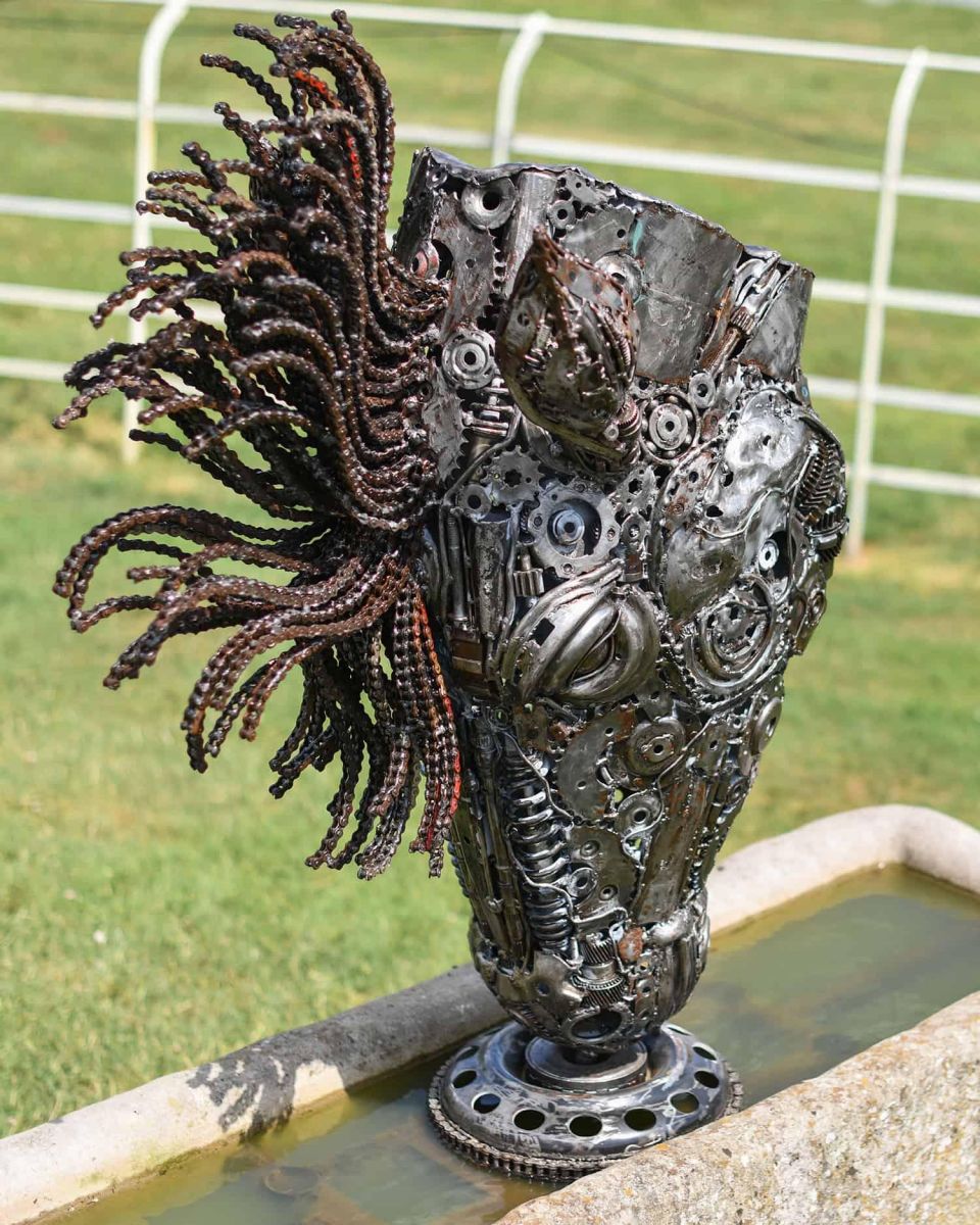 Situ Shot of Heavy Duty Recycled Chain Metal Horse Head Ornament Sculpture