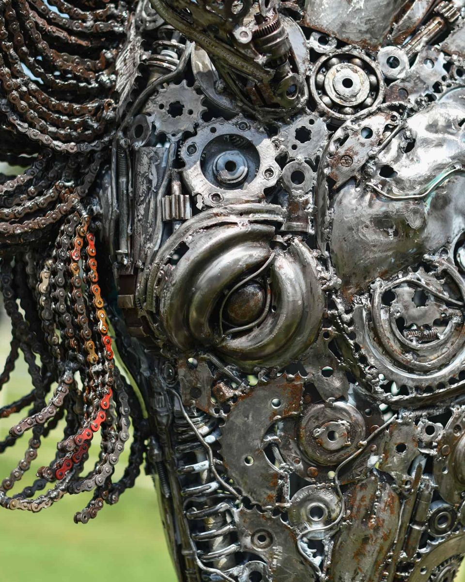 Close-Up of Heavy Duty Recycled Chain Metal Horse Head Ornament Sculpture