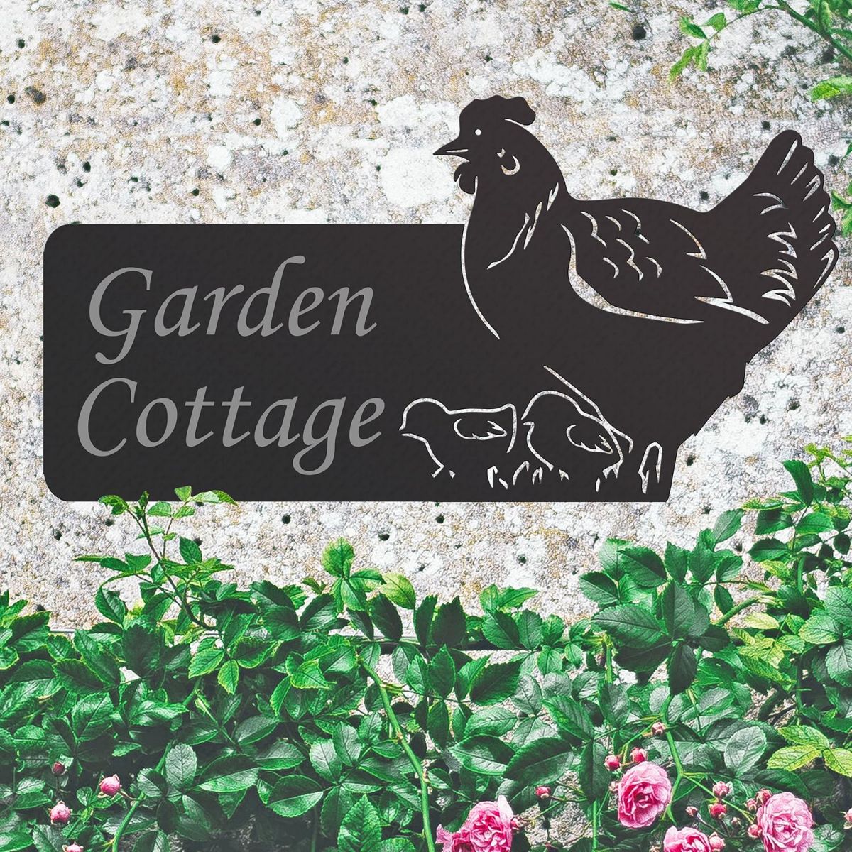 Hen & Chicks Iron House Name Sign in Situ on the Front of a House