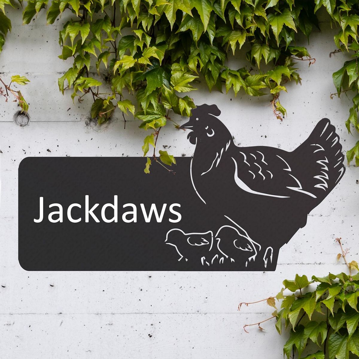 Hen & Chicks Iron House Name Sign with White Vinyl