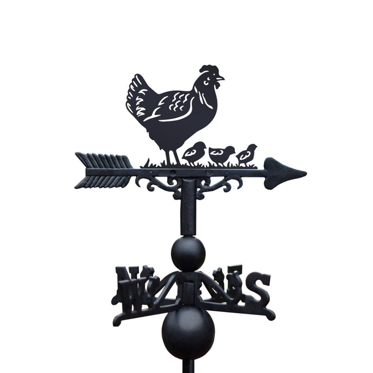 Hen & three chicks weathervane with a white background