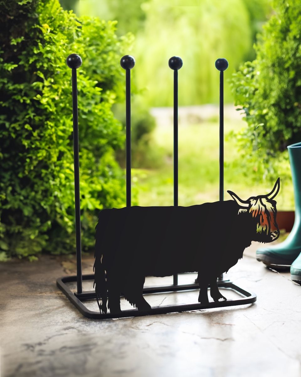 Highland Cow Double Welly Boot Rack with garden backdrop