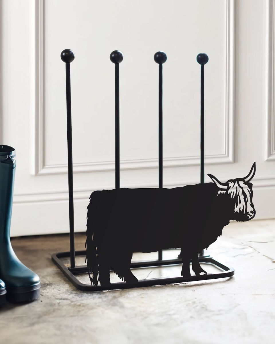 Highland Cow Double Welly Boot Rack in a hall entrance