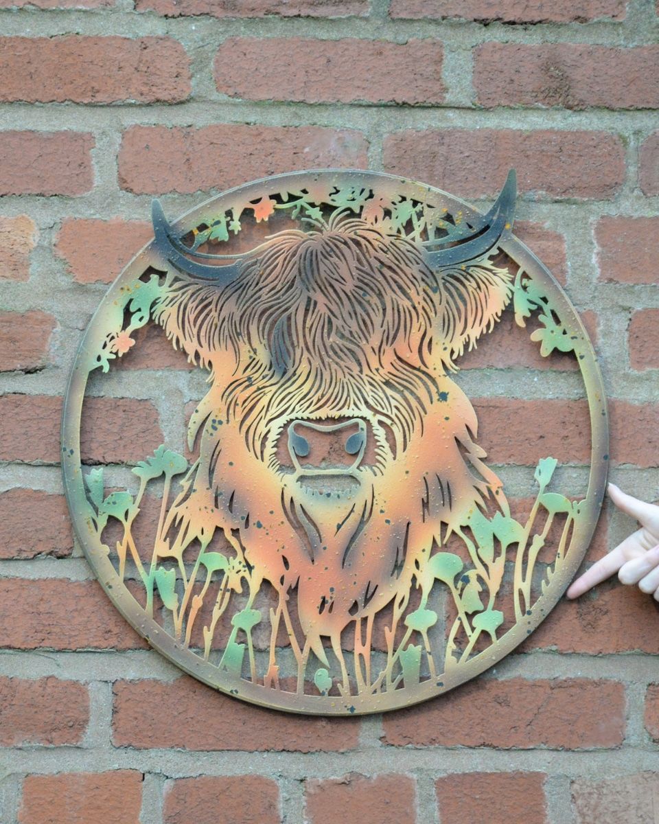 Highland Cow in Long Grass Silhouette Garden Wall Art to scale