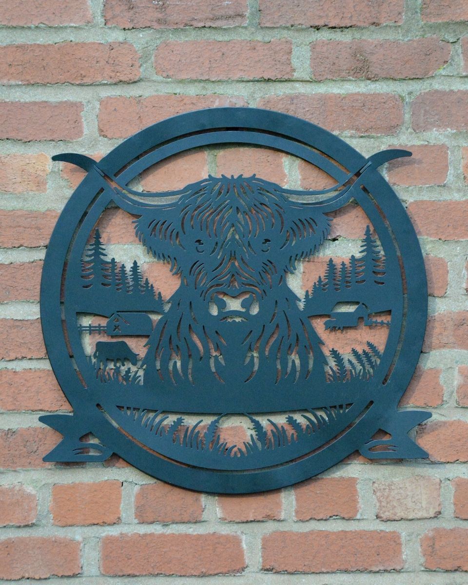 Highland Cow Profile Garden Wall Art on brick wall
