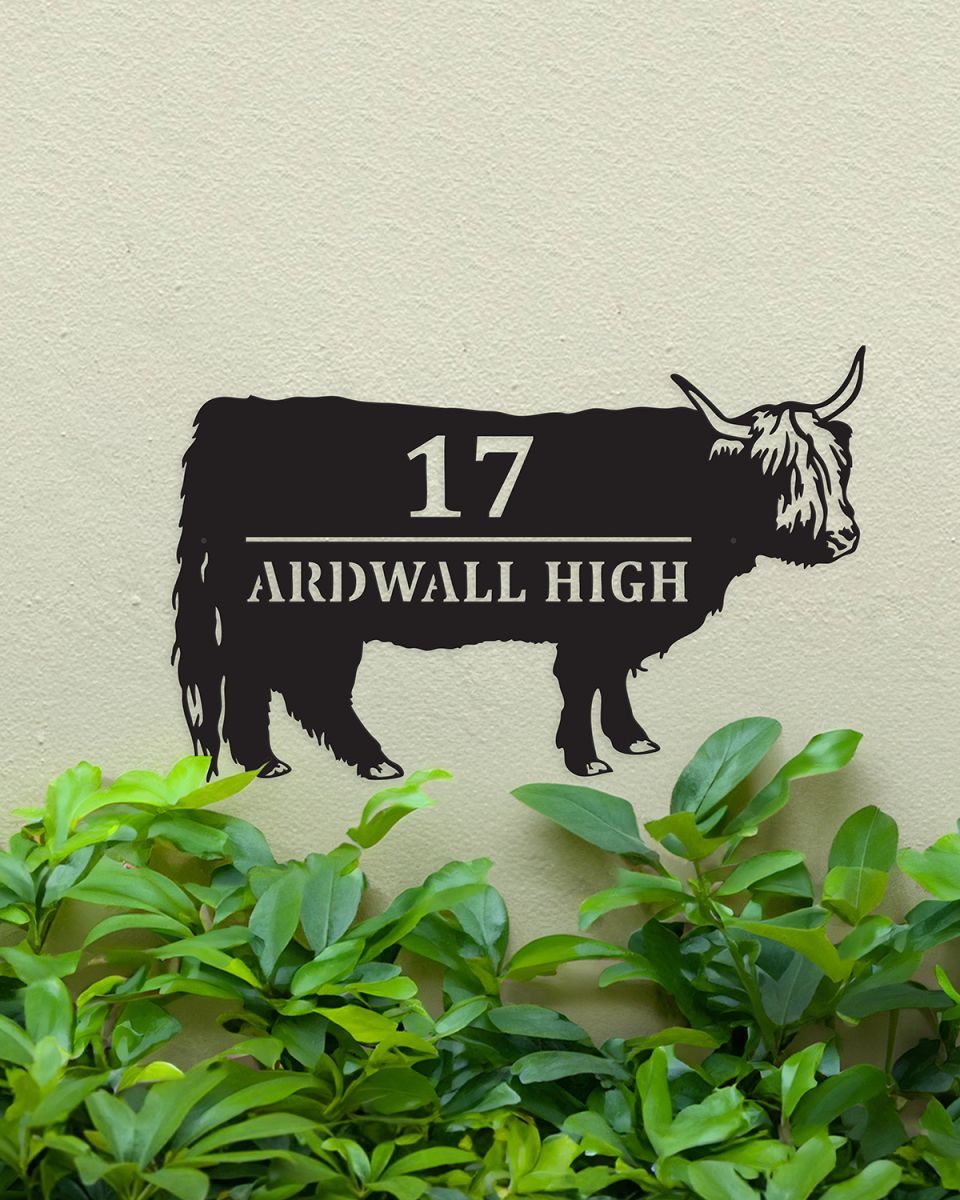 Highland Cow Design Steel House Sign Finished in Black