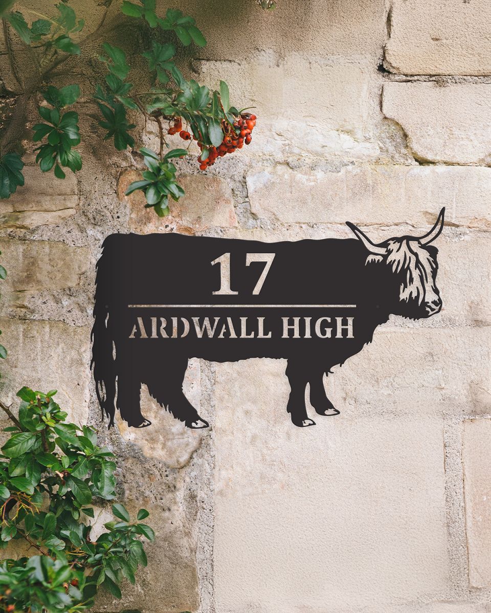 Black Finish Highland Cow Steel House Name Sign Created From Steel
