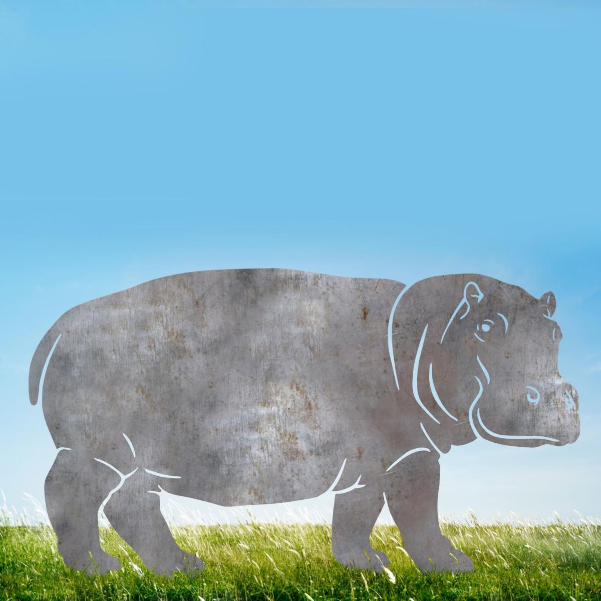Natural Steel Standing Hippo Silhouette