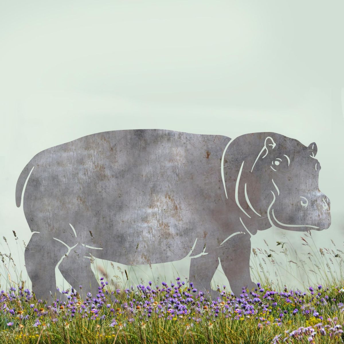 Natural Steel Standing Hippo Silhouette in Situ