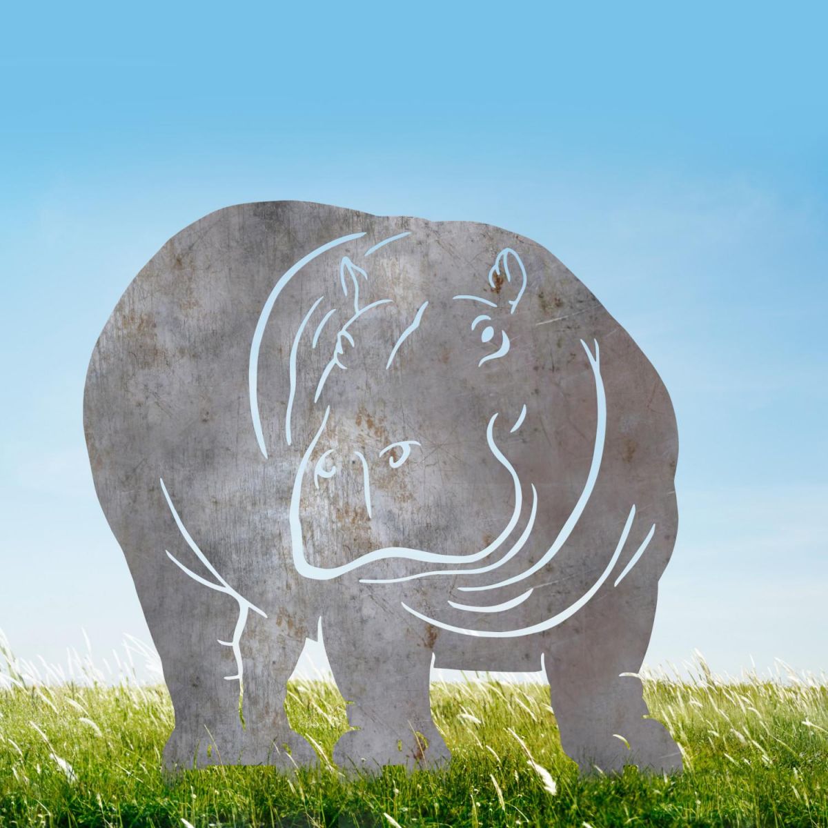 Natural Steel Hippo Silhouette - Facing Right