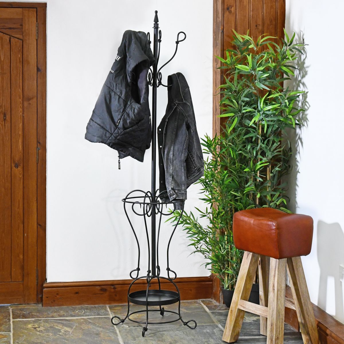 Black Hallway Butler Hat & Coat Stand in Use