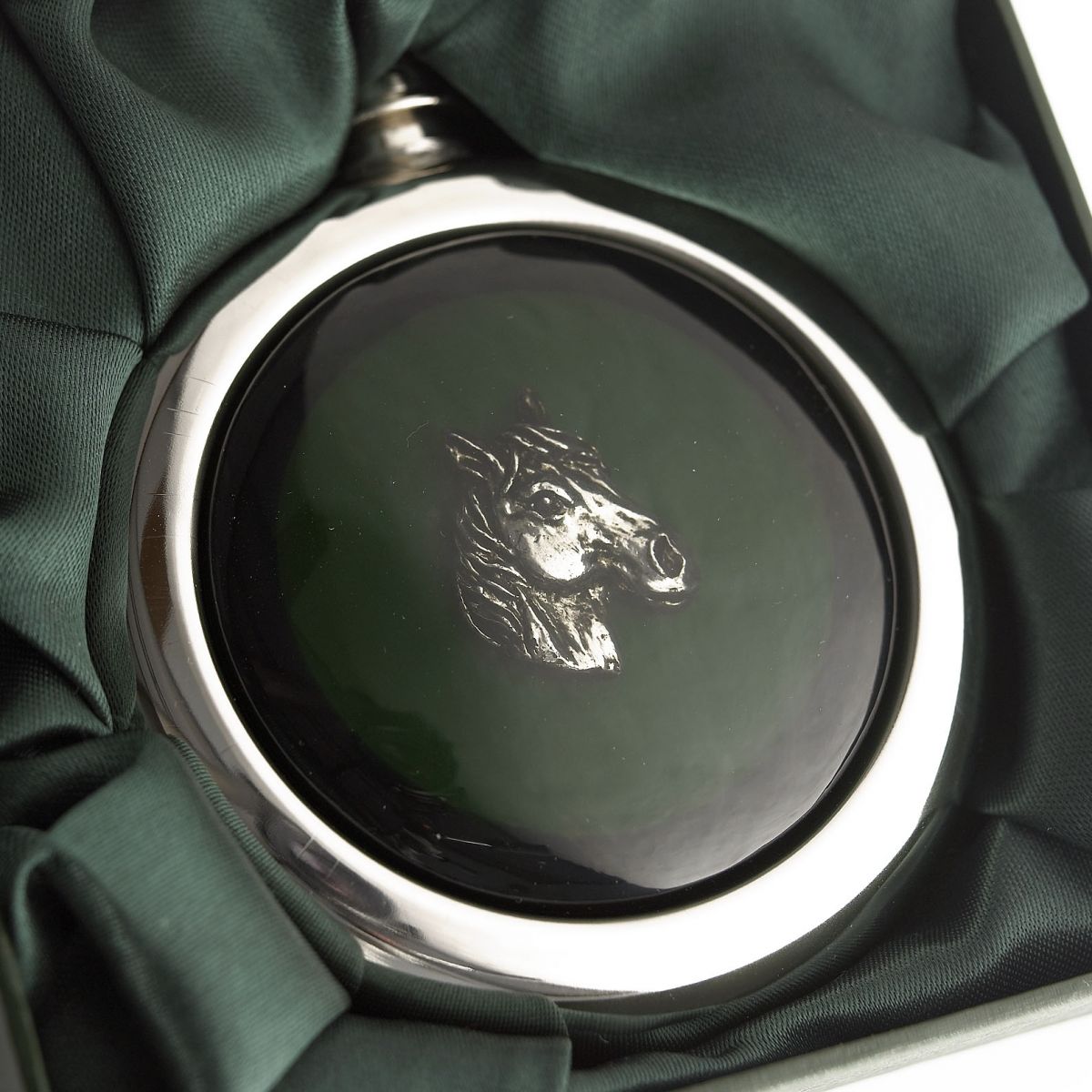 Close-up of the Horse Design Whiskey Flask