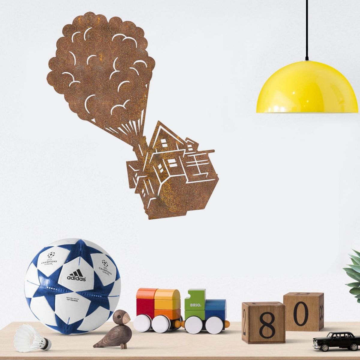 Floating House on Balloons Steel Wall Art in Situ in the children"s Playroom