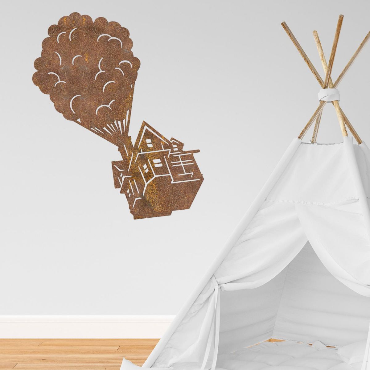 Floating House on Balloons Steel Wall Art in Situ in the children"s Playroom