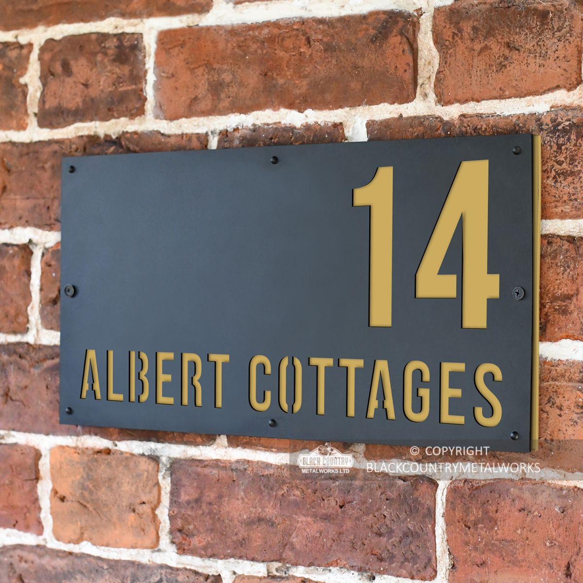 Sand Yellow "Albert" House Sign in Situ on the Wall
