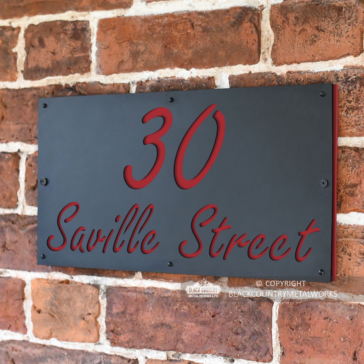 Signal Red "Saville" House Sign in Situ on the Wall
