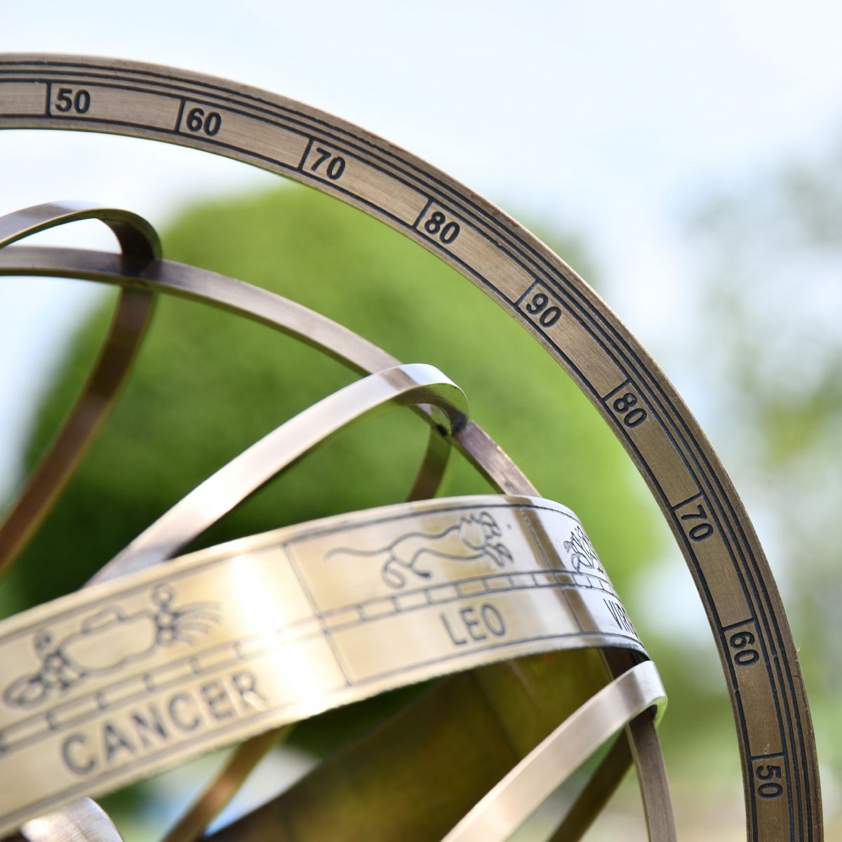 Close up of spheres with zodiac signs and numbers 