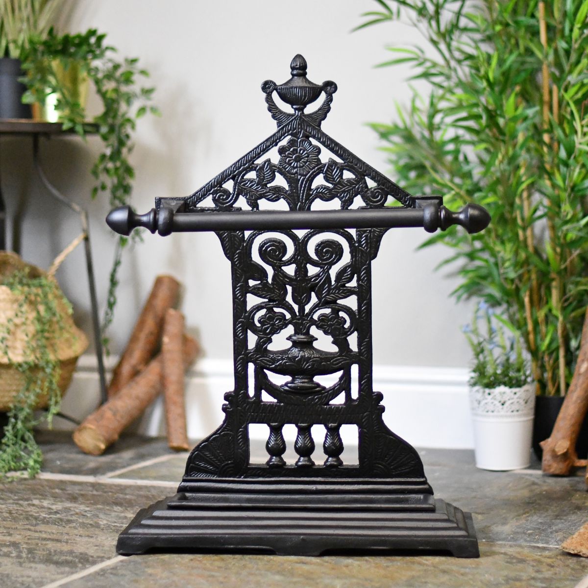 Traditional iron black umbrella and walking stick stand