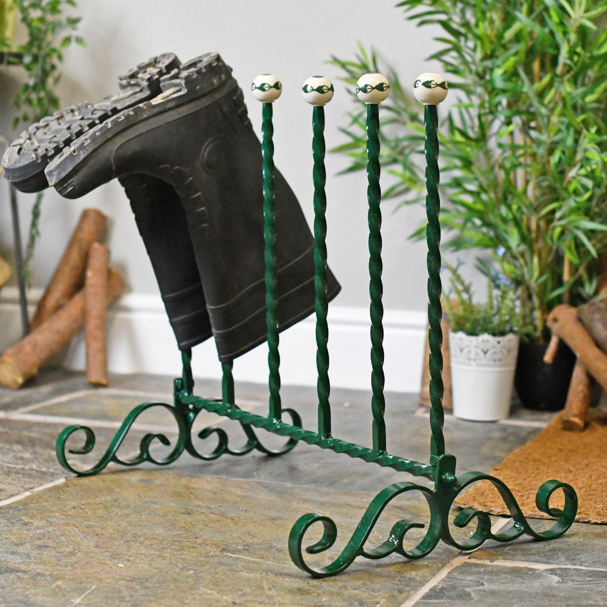 Hand Crafted Welly rack with ceramic ball finials