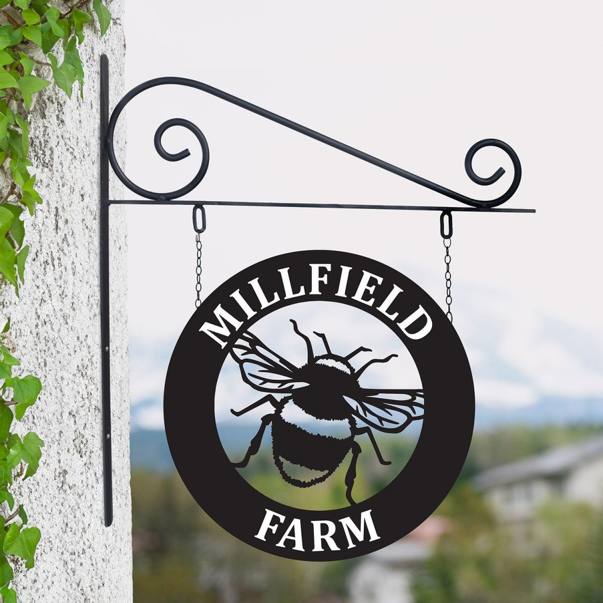 Circular Steel Bumble Bee Hanging House Name Sign in Situ