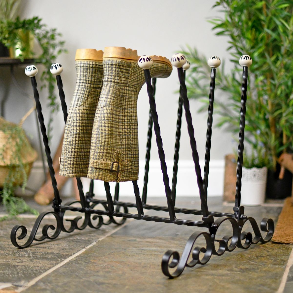 Hand crafted six pair welly rack 