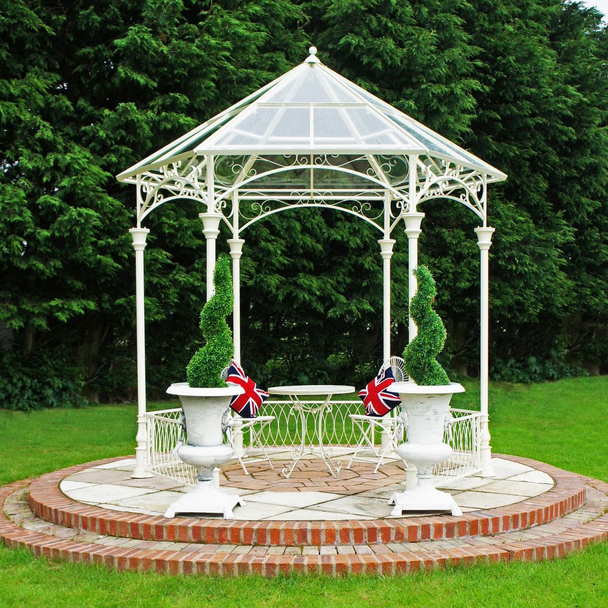 Ornate scroll design gazebo with glass roof