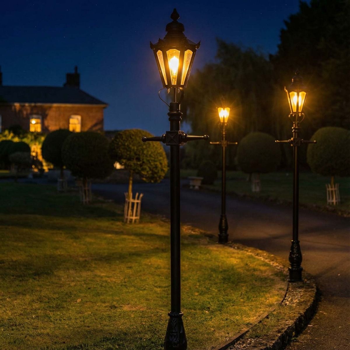 AI Illustration of the 2.3m Black Concordia Hexagonal Lamp Post Illuminated at Night 