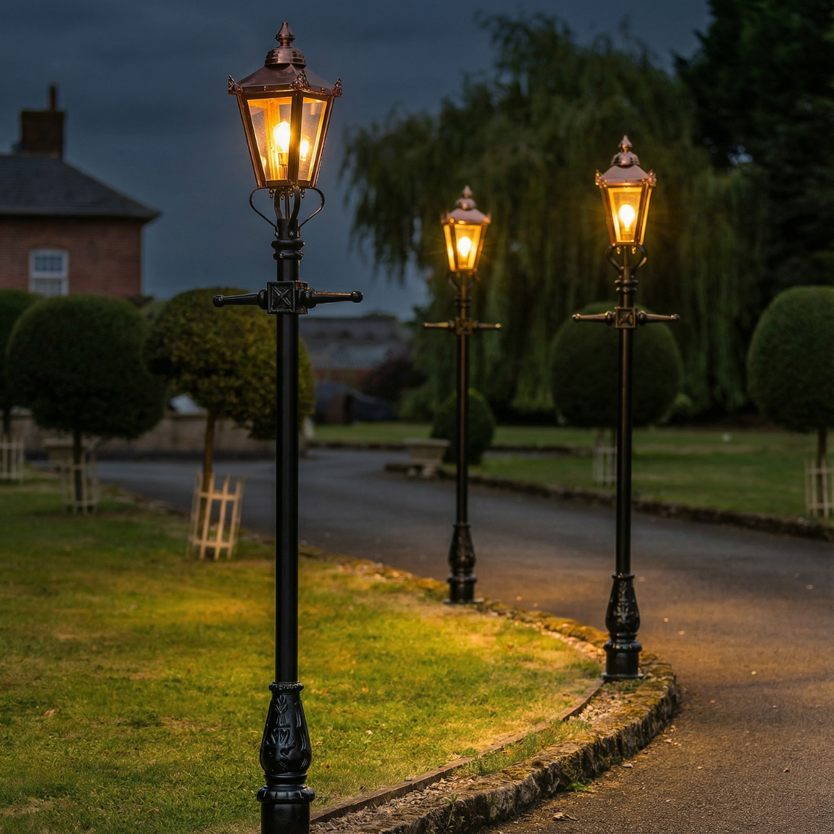 Copper Victorian Lamp Post Illuminated at Night