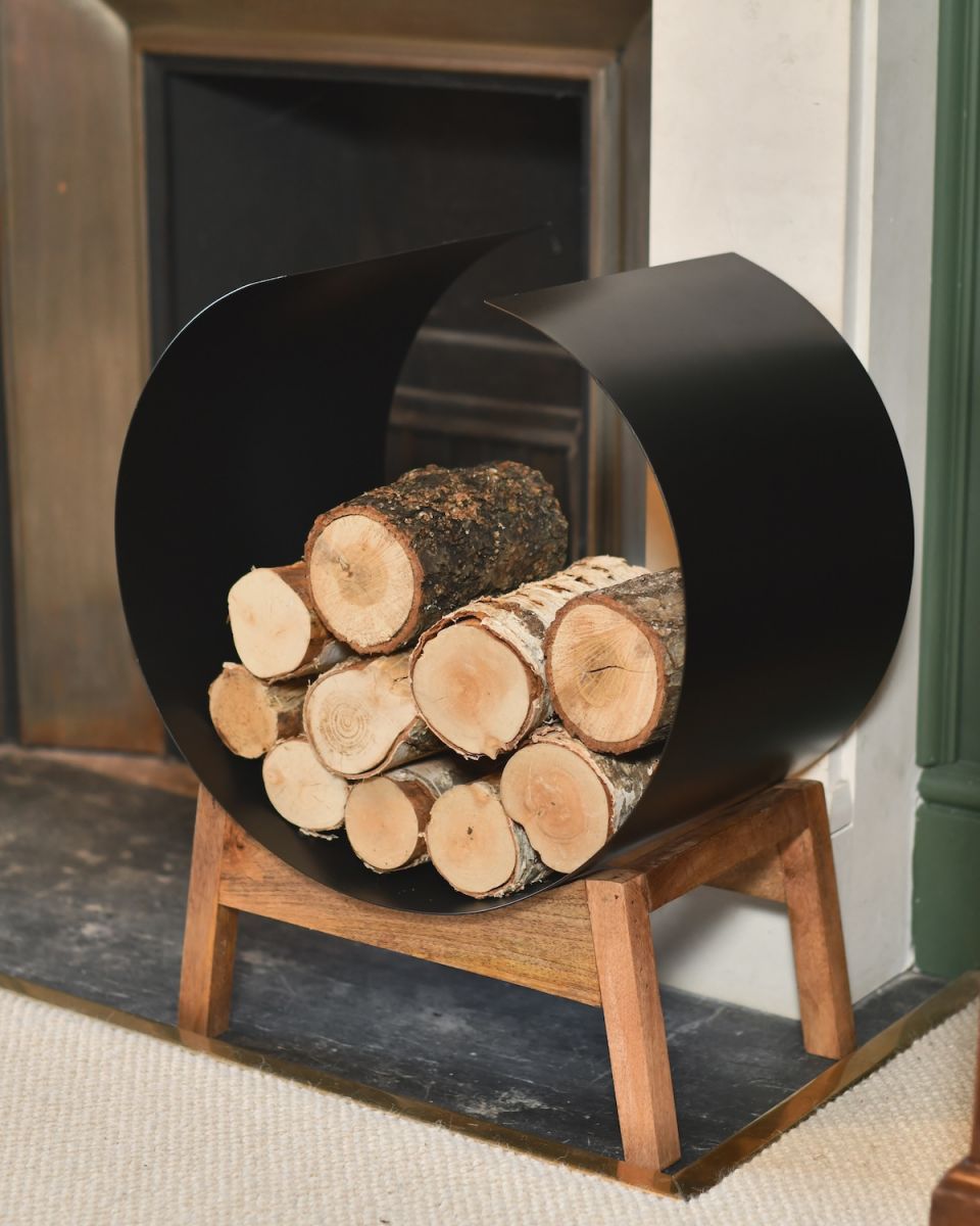 In situ photo of log burner kindling and log holder