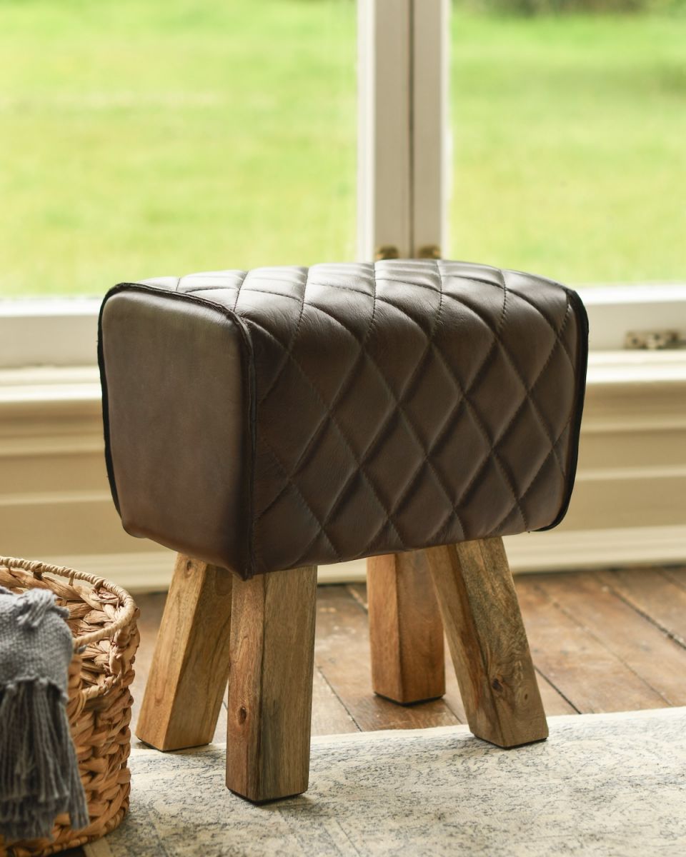 The "Yale" Mango Wood & Brown Leather Stool