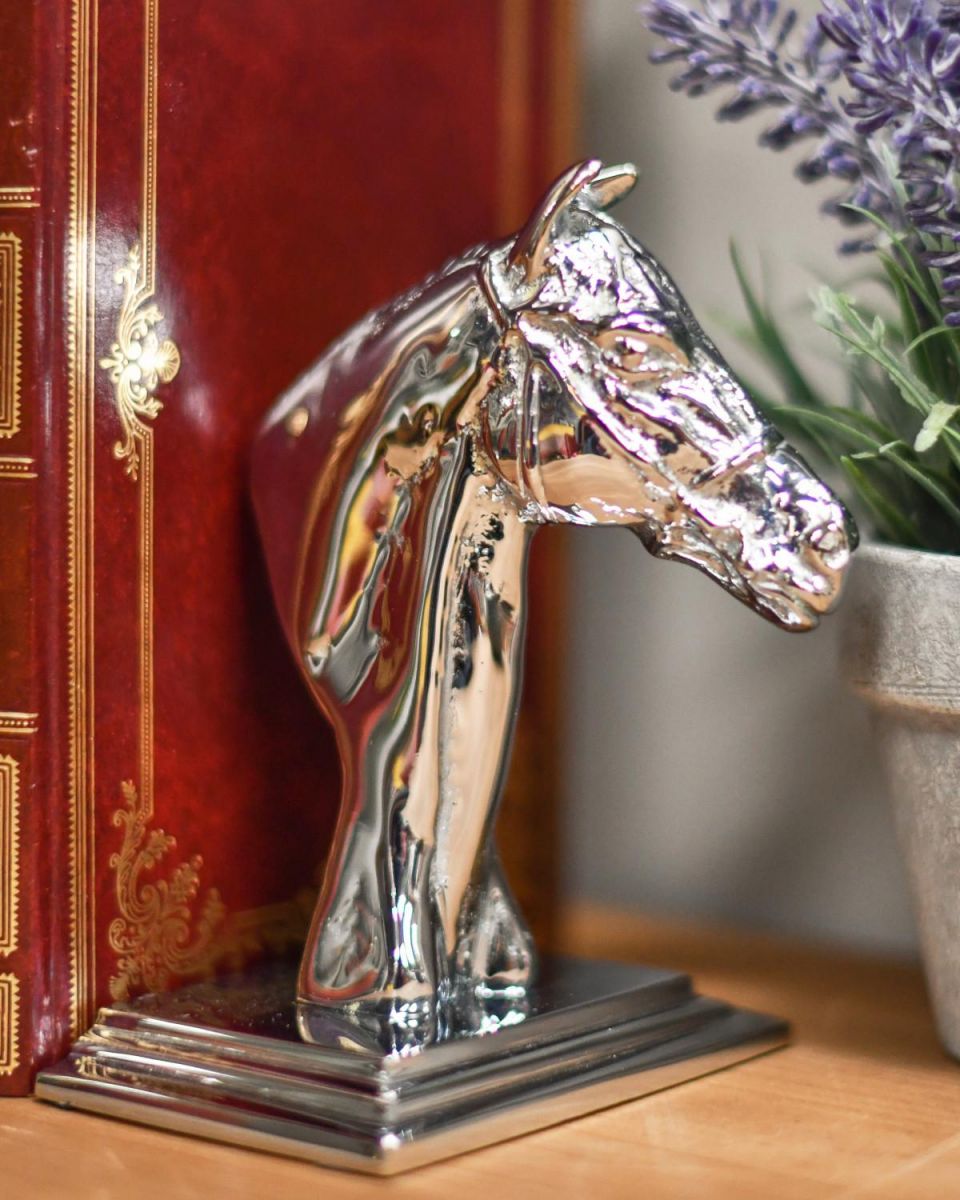 Individual Bright Chrome Horse Head Bookend in Situ