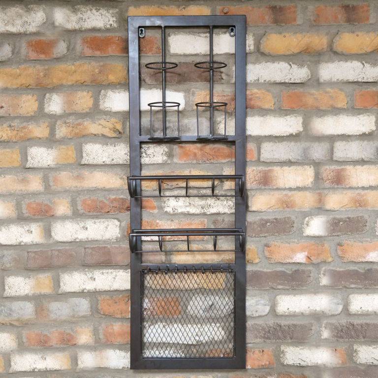 Industrial Iron Wine Bottle & Glass Holder in Situ on a Brick Wall